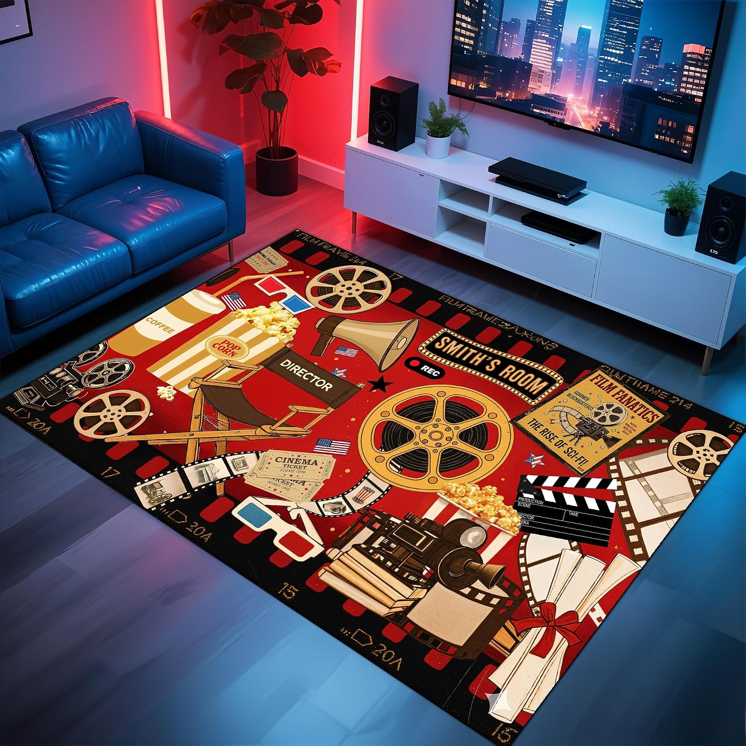 Home Cinema Night - カスタムネームシネマテーマカーペット、ホームシアターメディアルーム用ソフト滑り止めラグ、特注映画鑑賞デコレーションフロアマット
