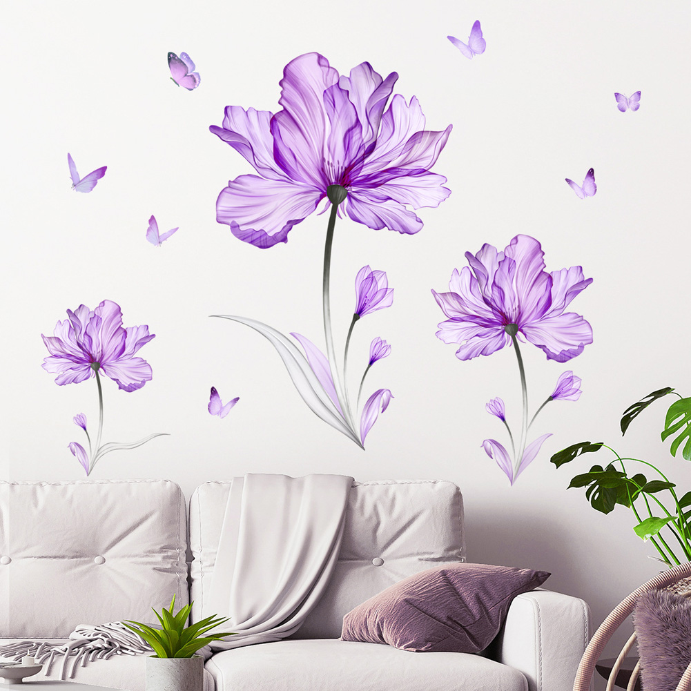Home Cinema Wallpaper - 美しい紫色のチューリップの花の壁ステッカーリビングルームのソファの背景装飾壁紙自己粘着家の装飾用デカール