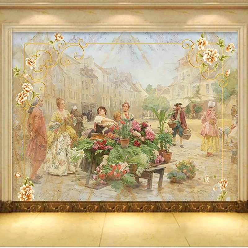 カスタム写真の壁紙ヨーロッパスタイルの大理石ストリート花風景 - Home Cinema Wallpaper のレビューと価格
