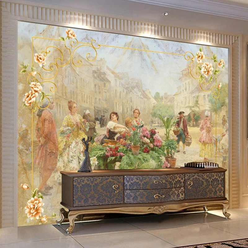 カスタム写真の壁紙ヨーロッパスタイルの大理石ストリート花風景 - Home Cinema Wallpaper のレビューと価格