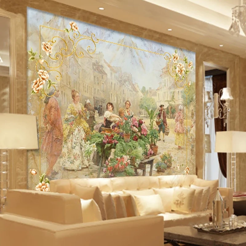 カスタム写真の壁紙ヨーロッパスタイルの大理石ストリート花風景 - Home Cinema Wallpaper のレビューと価格